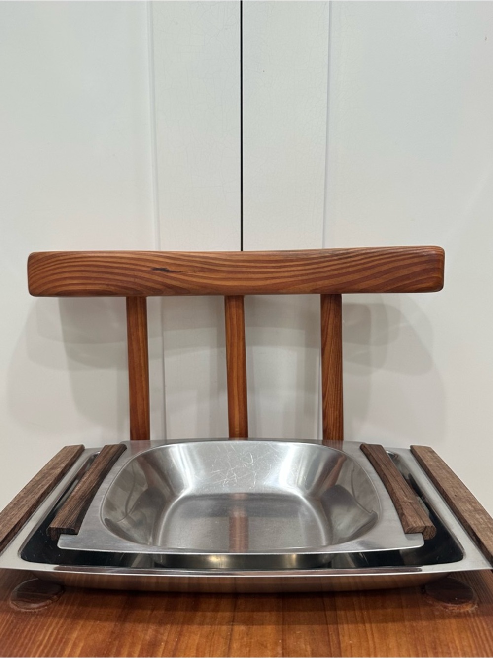 Set of 2 Vintage Denmark Stainless Steel Wood Handle Bowl/Dish/Tray